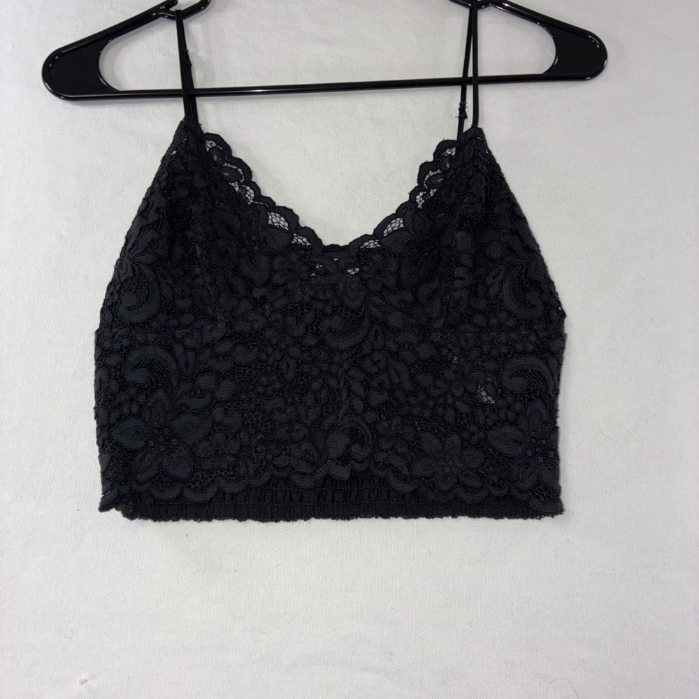 390 Express Lace Bralette Crop Top S Black Floral Smocked Adjustable Straps